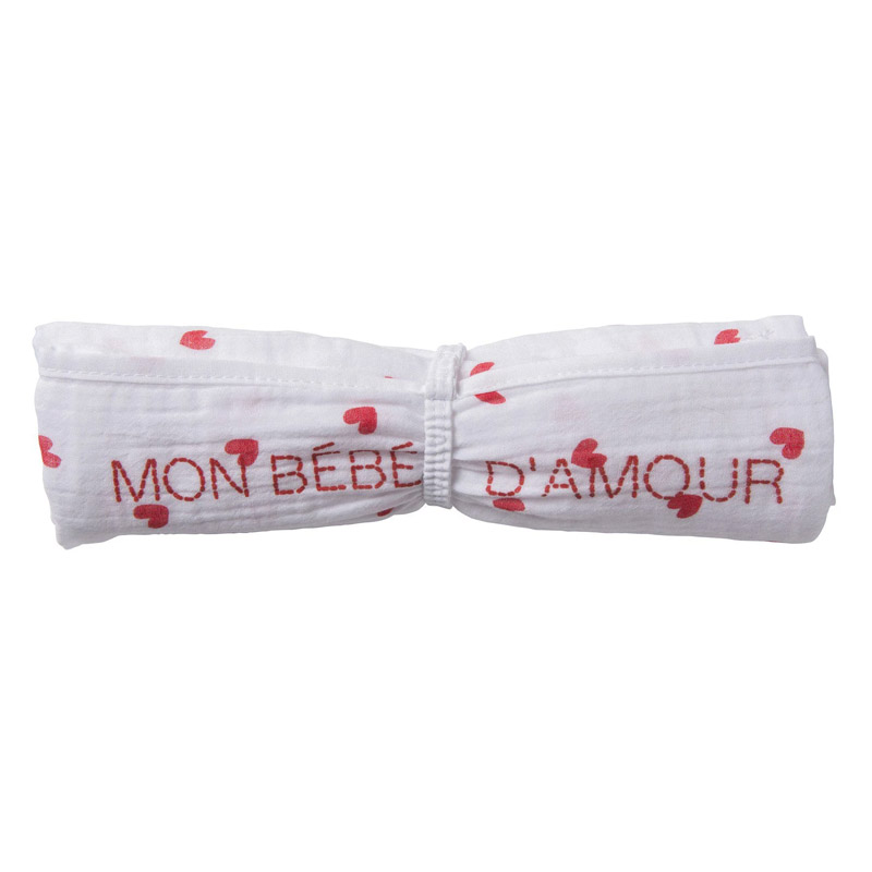 Lange en double gaze de coton gaufré blanc imprimé cœurs