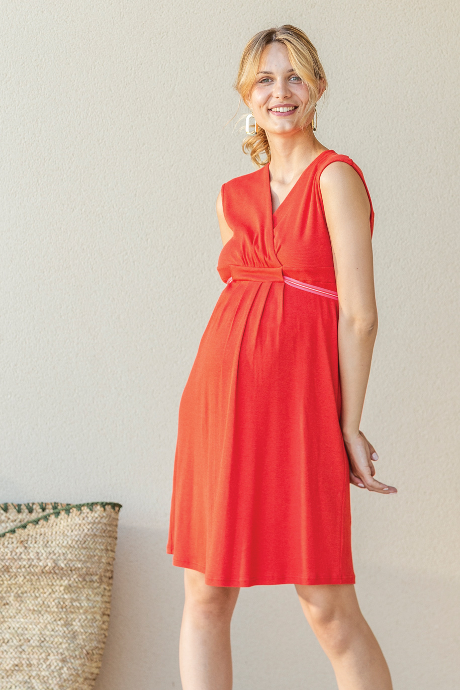 Robe empire décolleté croisé à nouer sous poitrine Jersey (Noir/Tomato) – Image 5