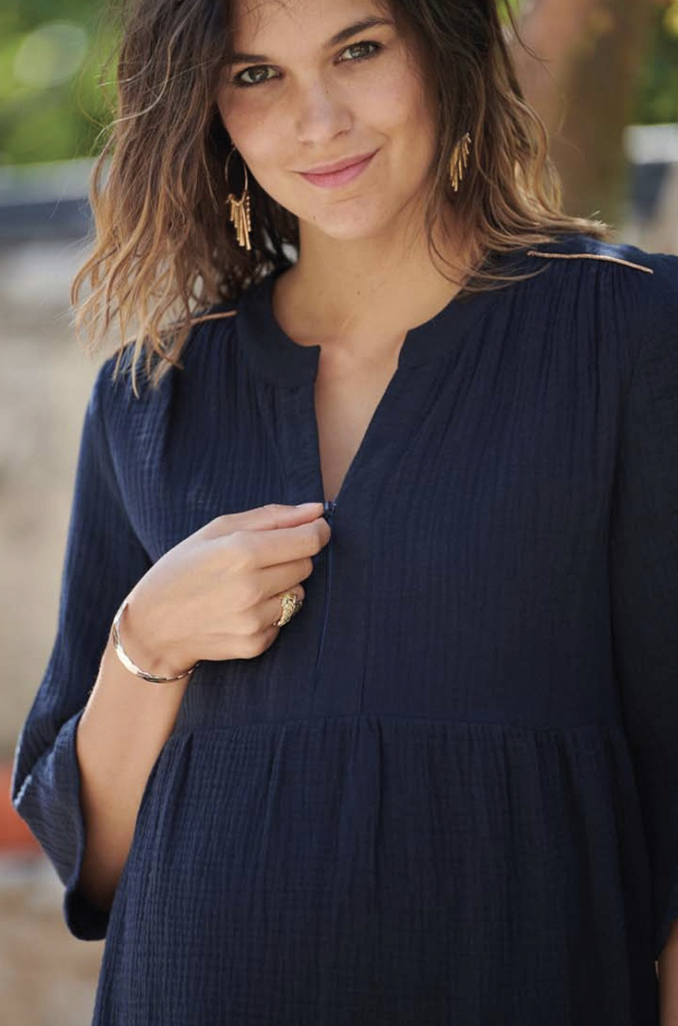 Blouse grossesse et allaitement Gaze de coton Marine – Image 3